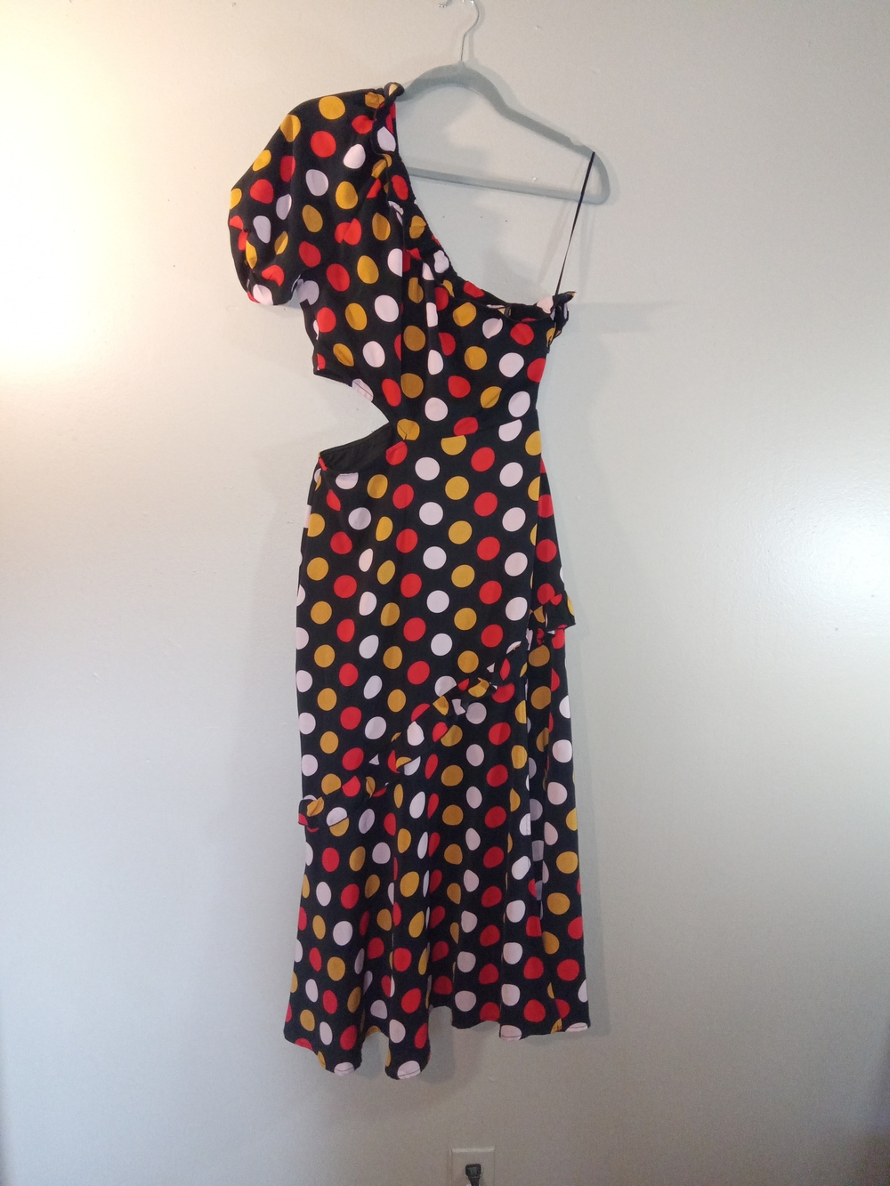 Sam Edelman Black One-Shoulder Polka Dot Dress with Red, Yellow & White Dots